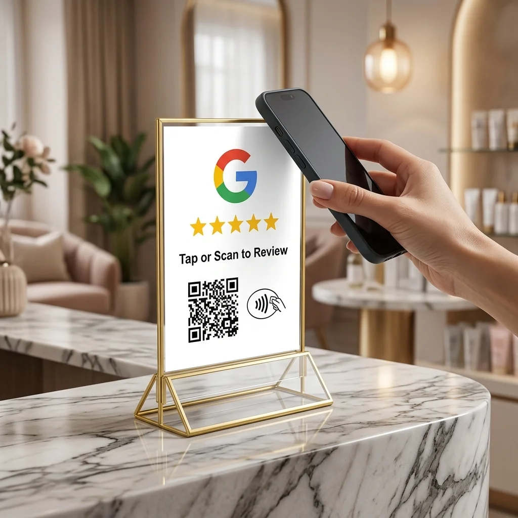 Optical acrylic review stand with gold accents on salon counter